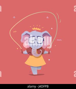 Elephant character drawn vector illustration on a red background. Cute Elephant girl jumping rope. Elephant can be used for baby or t-shirt design, ba Stock Vector