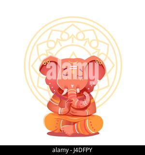 Ganesha Illustration in the lotus position. Mythological deities of India. Vector illustration of a deity with elephant head character on the backgrou Stock Vector