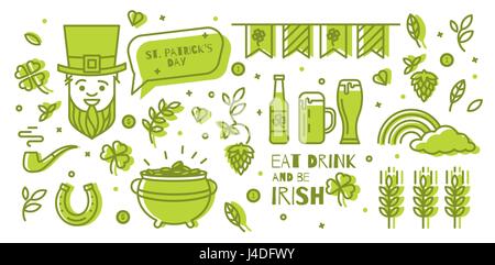 A set of elements for St. Patrick's Day. Simple design thin line. Icons can be used in advertising, poster, booklet, cover the ticket. Stock Vector