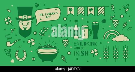 A set of elements for St. Patrick's Day. Simple design thin line. Icons can be used in advertising, poster, booklet, cover the ticket. Stock Vector