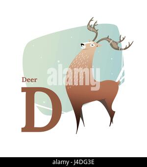 Animal alphabet vector. Flat style. Brown deer standing on the letter D. Educational glossary. Character the deer for children's books, textbooks, ill Stock Vector