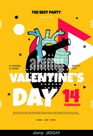 Modern poster with the human heart in the style of Memphis for the hipster party. Yellow priglasitelbny vecheirnku on Valentine's Day. Stock Vector