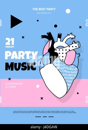 Bright template poster for a music concert. A poster for a party. Illustration of the human heart in the style of pop art pink and blue. Modern invita Stock Vector