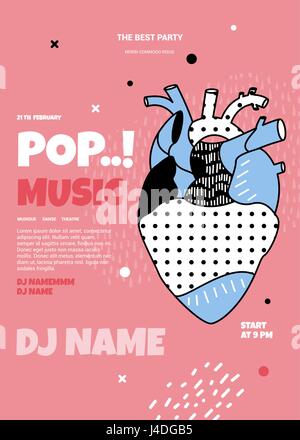 Memphis poster party. Template poster. Vector illustration in menship style. The poster on the musical evening with a human heart with the style of po Stock Vector