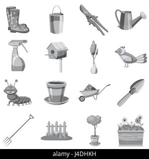 Gardening icons set, gray monochrome style Stock Vector