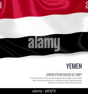 Silky flag of Yemen waving on an isolated white background with the white text area for your advert message. 3D rendering. Stock Photo