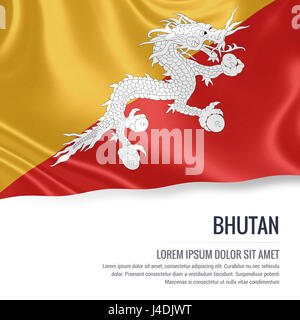 Silky flag of Bhutan waving on an isolated white background with the white text area for your advert message. 3D rendering. Stock Photo