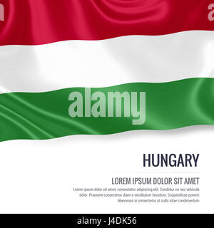 Silky flag of Hungary waving on an isolated white background with the white text area for your advert message. 3D rendering. Stock Photo