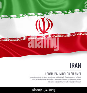 Silky flag of Iran waving on an isolated white background with the white text area for your advert message. 3D rendering. Stock Photo