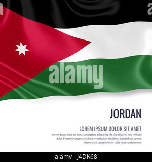 Silky flag of Jordan waving on an isolated white background with the white text area for your advert message. 3D rendering. Stock Photo