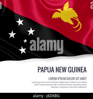 Silky flag of Papua New Guinea waving on an isolated white background with the white text area for your advert message. 3D rendering. Stock Photo