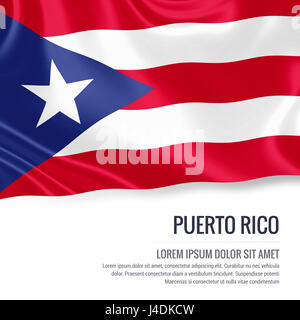Silky flag of Puerto Rico waving on an isolated white background with the white text area for your advert message. 3D rendering. Stock Photo