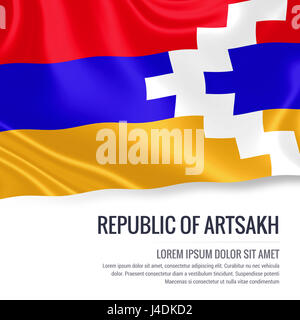 Silky flag of Republic of Artsakh waving on an isolated white background with the white text area for your advert message. 3D rendering. Stock Photo