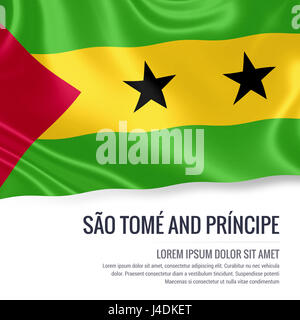 Silky flag of Sao Tome and Principe waving on an isolated white background with the white text area for your advert message. 3D rendering. Stock Photo