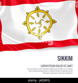 Silky flag of Sikkim waving on an isolated white background with the white text area for your advert message. 3D rendering. Stock Photo