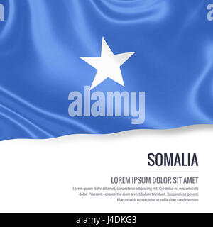 Silky flag of Somalia waving on an isolated white background with the white text area for your advert message. 3D rendering. Stock Photo