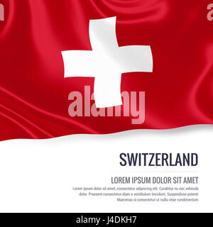 Silky flag of Switzerland waving on an isolated white background with the white text area for your advert message. 3D rendering. Stock Photo