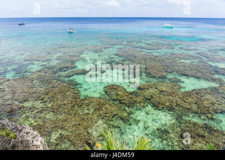 Dive boats in the crystal clear waters just off the Iron Shore of the Roatan barrier Reef in West Bay, Roatan, Honduras Stock Photo