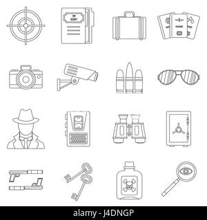 Spy tools icons set, outline style Stock Vector