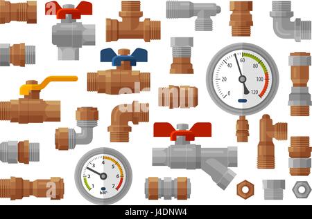 Sanitary engineering, plumbing equipment set icons. Manometer pressure, meter, industry, fittings, water supply concept. Vector illustration Stock Vector