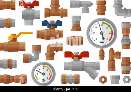 Sanitary engineering, plumbing equipment set icons. Manometer pressure, industry, fittings, water supply concept Stock Vector