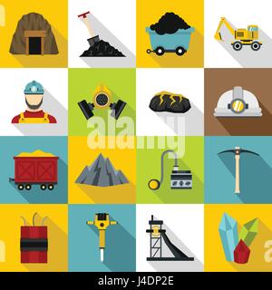 Miner icons set, flat style Stock Vector