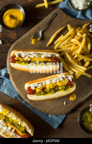 Homemade Deep Fried Hot Dogs with Mustard Onion and Relish Stock Photo