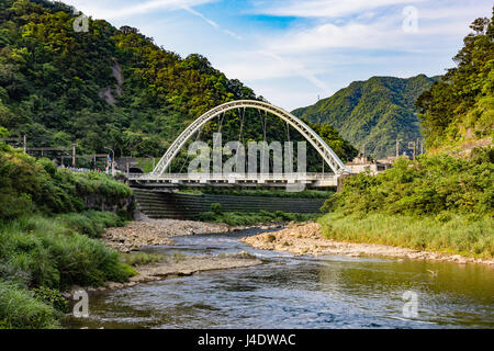 Bridge and old shopping street near Houtong station, Houtong, Taiwan, Houtong is famous cat village in Taiwan. Stock Photo