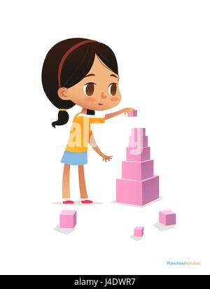 Girl with dark hair stands and builds tall pyramid using pink cubes. Child plays with bright colored blocks. Entertainment at kindergarten concept. Vector illustration for poster, banner, website. Stock Vector
