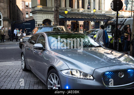London, UK. 11th May, 2017. Prime Minister Theresa May arrives with a police escort for a radio phone-in at LBC. Credit: Mark Kerrison/Alamy Live News Stock Photo