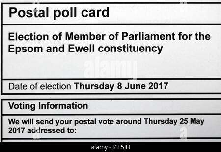 Epsom, Surrey, UK. 12th May 2017. Postal Poll Card arrives in Epsom ahead of UK General Election on June 8th 2017. Current MP is Conservative Chris Grayling. Stock Photo