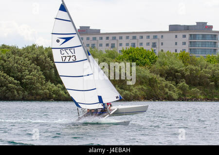 Catamaran Yachting on a windy Southport, Merseyside.  UK Weather.  Clearing Skies and a Fresh breeze over Marine Lake as Southport Sailing Club stages it 2017 Open Day. The club is fully booked for trial and novice sailors to enjoy one half hour on the resorts Marine Lake, in testing conditions, on a variety of craft. As has been the case for the last few years this coincides with the RYA push the boat out initiative – to nationally get people on the water and interested in sailing! Credit; MediaWorldImage/AlamyLiveNews Stock Photo