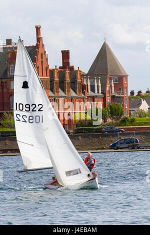 Catamaran Yachting on a windy Southport, Merseyside.  UK Weather.  Clearing Skies and a Fresh breeze over Marine Lake as Southport Sailing Club stages it 2017 Open Day. The club is fully booked for trial and novice sailors to enjoy one half hour on the resorts Marine Lake, in testing conditions, on a variety of craft. As has been the case for the last few years this coincides with the RYA push the boat out initiative – to nationally get people on the water and interested in sailing! Credit; MediaWorldImage/AlamyLiveNews Stock Photo