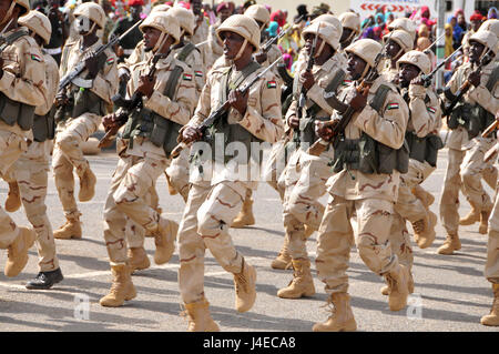 Khartoum, Sudan. 13th May, 2017. Sudan's Rapid Support Forces (RSF) march during the inauguration in Khartoum, Sudan, May 13, 2017. Sudanese President Omar al-Bashir on Saturday directed Sudan's Rapid Support Forces (RSF) to confront tribal conflicts in Darfur region and resolve them peacefully or militarily. Al-Bashir on Saturday attended the inauguration of the biggest batch of RSF forces that amounted to 11,450. Credit: Mohamed Babiker/Xinhua/Alamy Live News Stock Photo