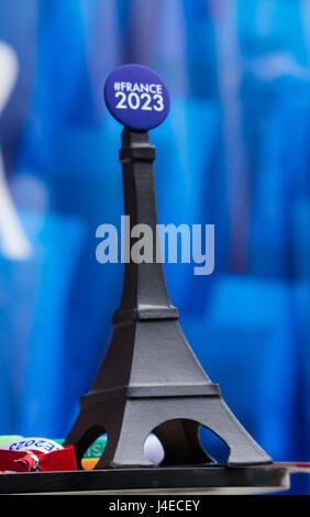 Paris, France. 13th May 2017. A mini Eiffel Tower promoting the bid for the 2023 Rugby World Cup to happen in France during the HSBC Paris Sevens World series at Stade Jean Bouin. Credit: Elsie Kibue / Alamy Live News Stock Photo