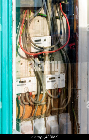 An electrical junction box with circuit breakers and fuses Stock Photo