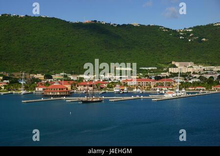 View of Long Bay, Charlotte Amalie, St Thomas with docked yachts in a bright sunny day. Stock Photo