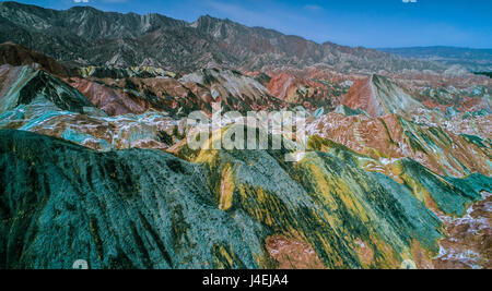 Aerial view on the colorful rainbow mountains of Zhangye danxia landform geological park in Gansu province, China, May 2017 Stock Photo