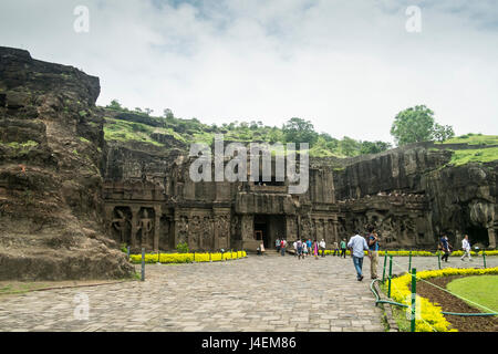 The Kailash or Kailasanatha temple is one of the largest rock-cut ancient Hindu temples located in Ellora, Maharashtra, India. Stock Photo