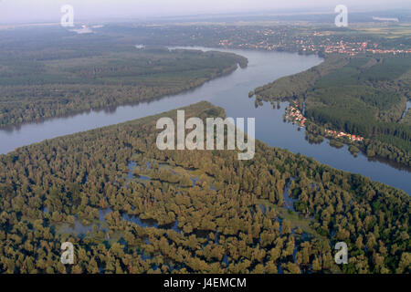 The aerial view of the confluence of the Drava and Danube rivers Stock Photo