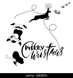 Santa Claus fall from sleigh with harness on the reindeer. Black and white vector illustration. Christmas lettering. Stock Vector