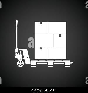 Hand hydraulic pallet truc with boxes icon. Black background with white. Vector illustration. Stock Vector