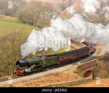 The Flying Scotsman steam locomotive arriving at Goathland station on the North Yorkshire Moors Railway, Yorkshire, England, UK Stock Photo