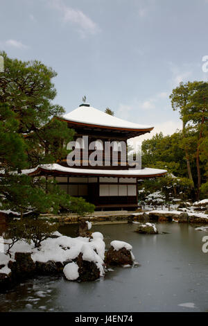 Snow-covered Silver Pavilion, Ginkaku-ji Temple, Kyoto, Japan, Asia Stock Photo