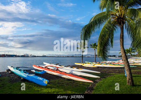 Many kayaks on the beach of Papeete, Tahiti, Society Islands, French Polynesia, Pacific Stock Photo