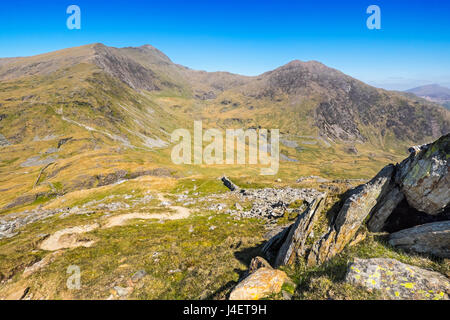 Snowdon viewde from the Yr Arran to the south, showing the South Ridge and The Watkin Path. Snowdonia, North Wales Stock Photo