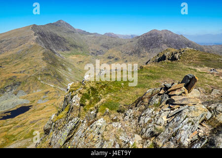 Snowdon viewde from the Yr Arran to the south, showing the South Ridge and The Watkin Path. Snowdonia, North Wales Stock Photo