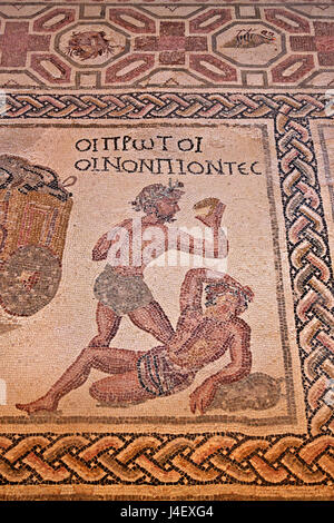 The 'First Wine Drinkers' mosaic Inside the 'House of Dionysus'  in the Archaeoological Park of Paphos (UNESCO World Heritage Site), Cyprus. Stock Photo