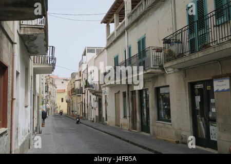 Street with old houses in capital of Lipari island, Aeolian islands, Italy. Stock Photo