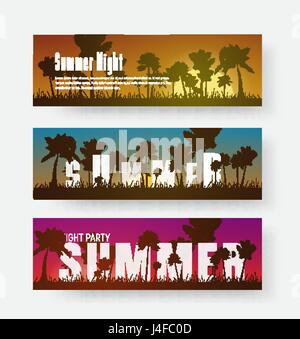set of horizontal banners with a summer sunset of different colors on the beach and text between palms. Vector illustration Stock Vector